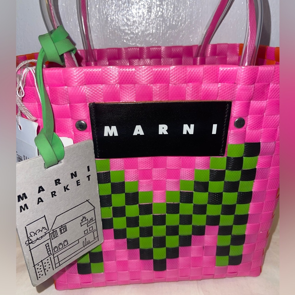 Marni Pink and Green Checkered Tote - Picture 2 of 5